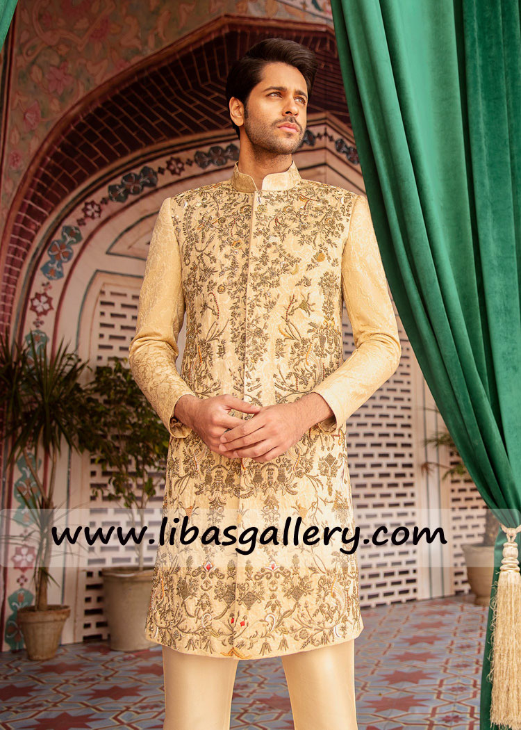 antique gold work karandi jamawar beige hand crafted groom sherwani work on front panels buy online Sydney Melbourne Australia