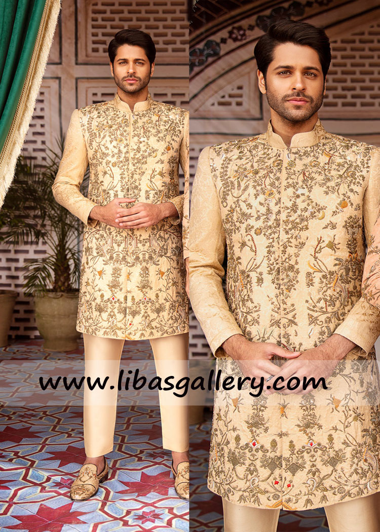 Antique gold work beige sherwani