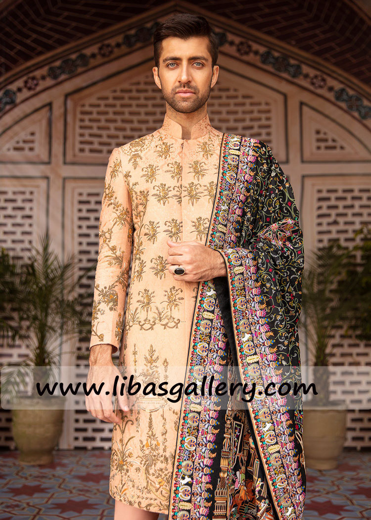 peach embellished sherwani in karandi jamawar thread and zardozi hand crafted wedding jacket for men Pittsburgh Pennsylvania USA