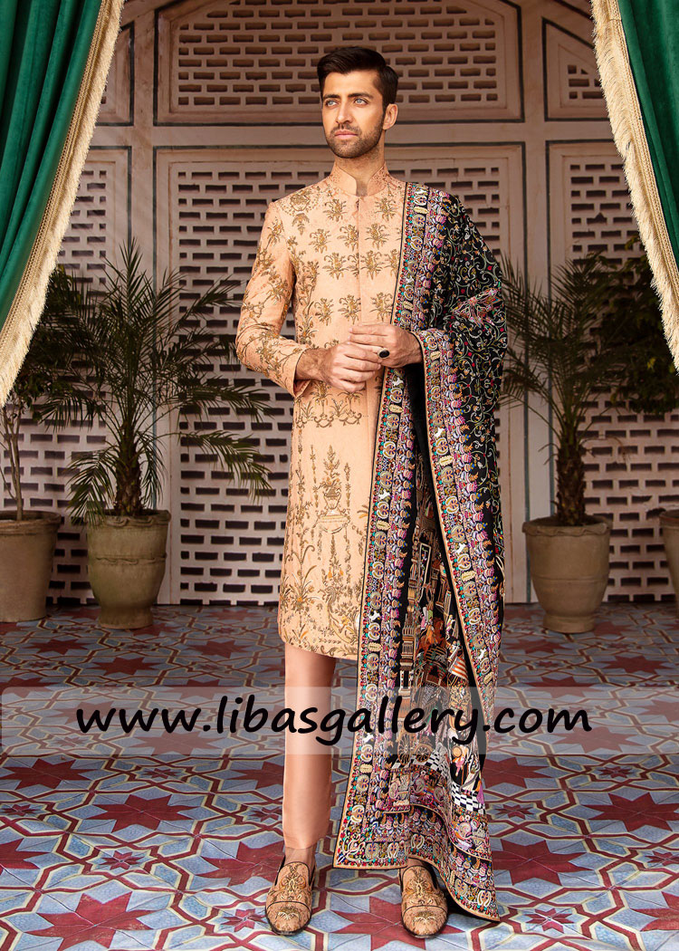 Peach Sherwani thread and zardozi work