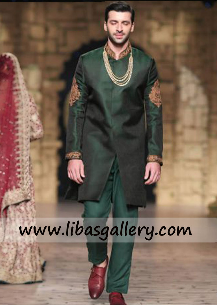 hand crafted dark green jamawar official wedding sherwani antique gold work on arms cuff and collar Michigan New york USA