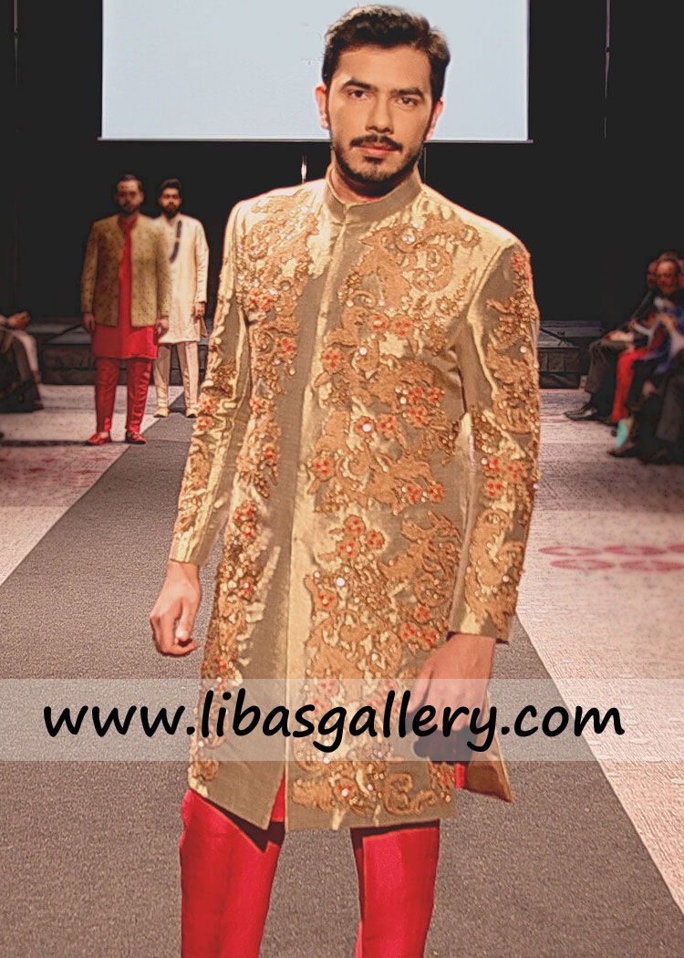 Antique Gold work Groom wedding sherwani suit barat
