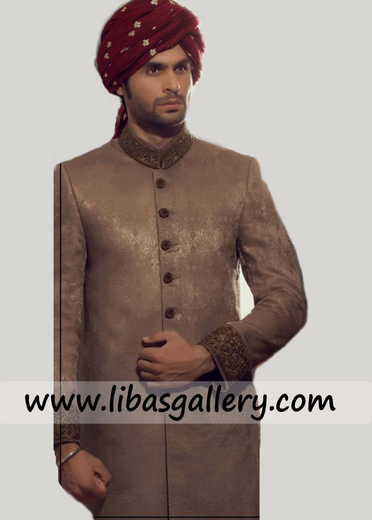 mother`s son looking at his pretty bride in jamawar wedding sherwani nikah barat day antique work on collar cuff glasgow manchester UK