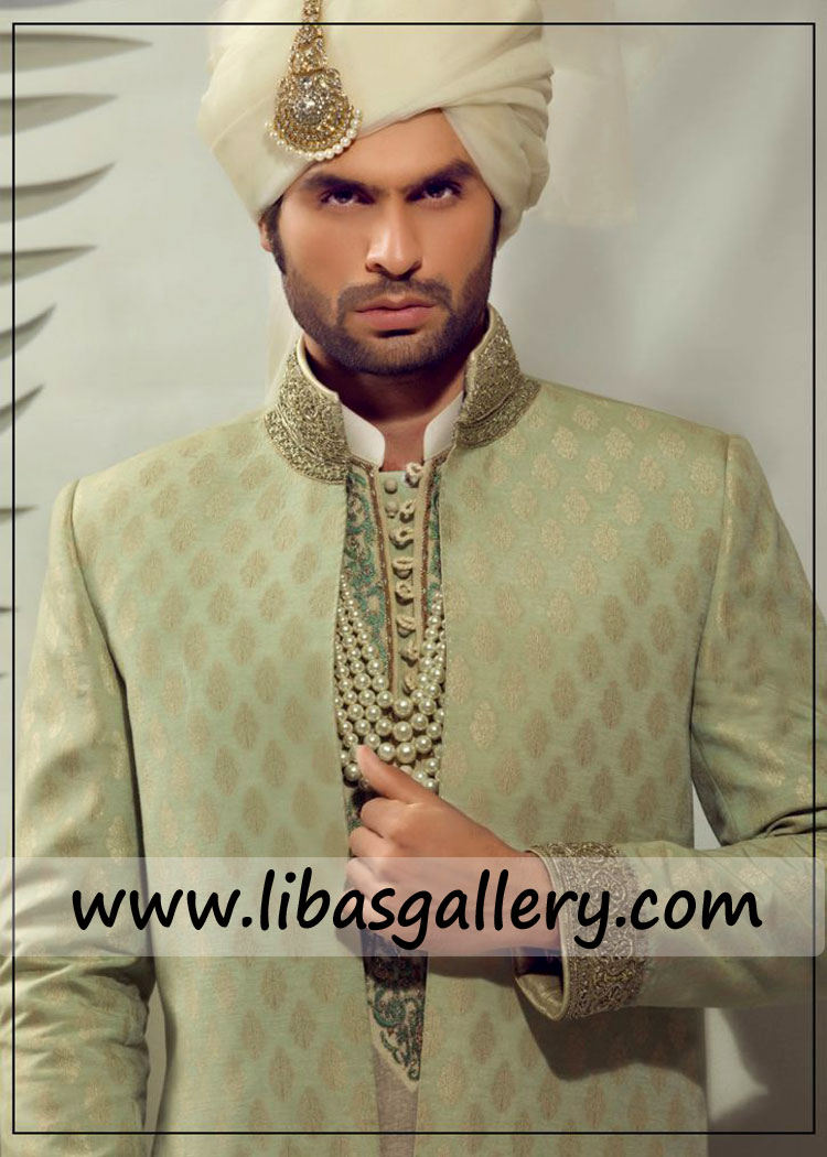 Beautiful Jamawar Groom Wedding Sherwani stay blessed on nikah barat day turban khussa also available UK USA Dubai