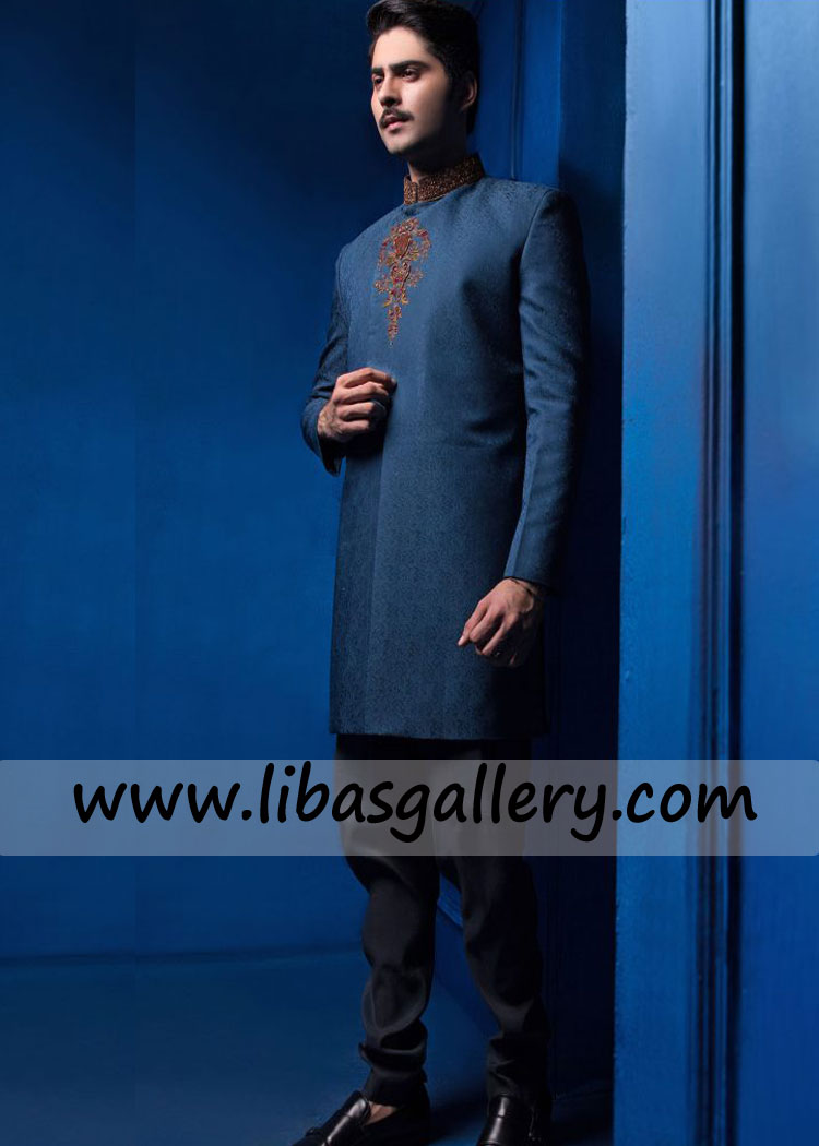 supremely happy groom set off for wedding hall in blue jamawar sherwani to catch his pretty bride after Nikah washington New york USA