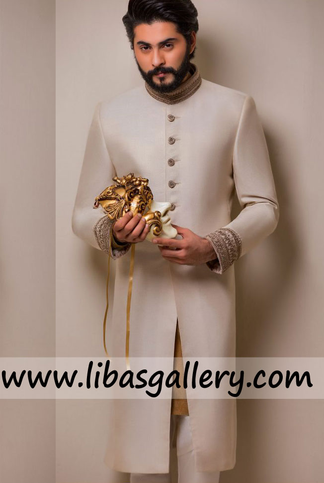Groom barat sherwani off white collar cuff work