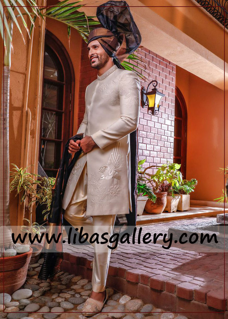 Latest Raw silk Precious Embossed Embroidery Wedding Sherwani