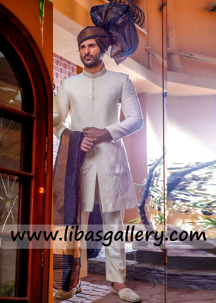 Latest Raw silk Precious Embossed Embroidery Wedding Sherwani
