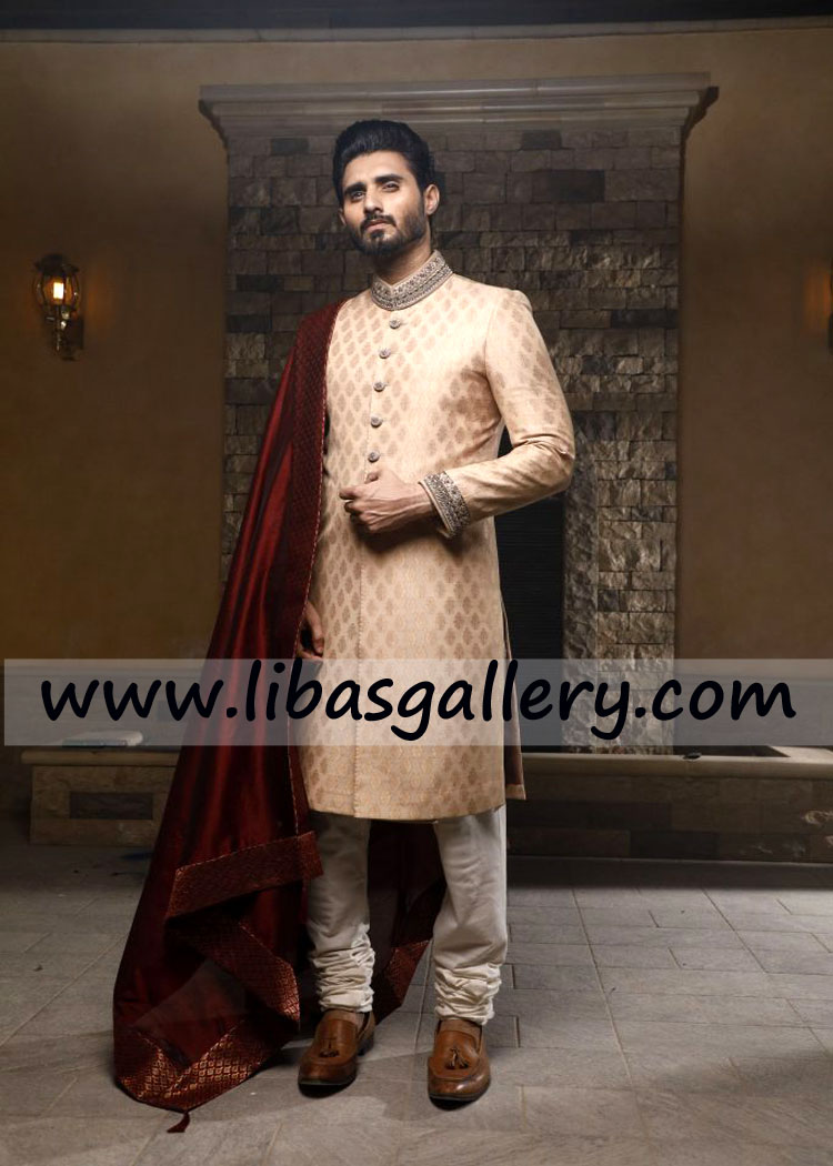 pakistani designer sherwani jamawar abanrsi for wedding hand embellishment fancy type on collar cuff Montgomery Birmingham USA