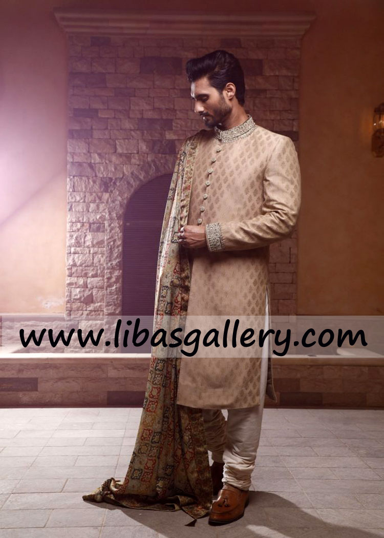 jamawar banarsi and karandi booti design banarsi fabric groom sherwani with silver embellishment collar cuff london birmingham UK