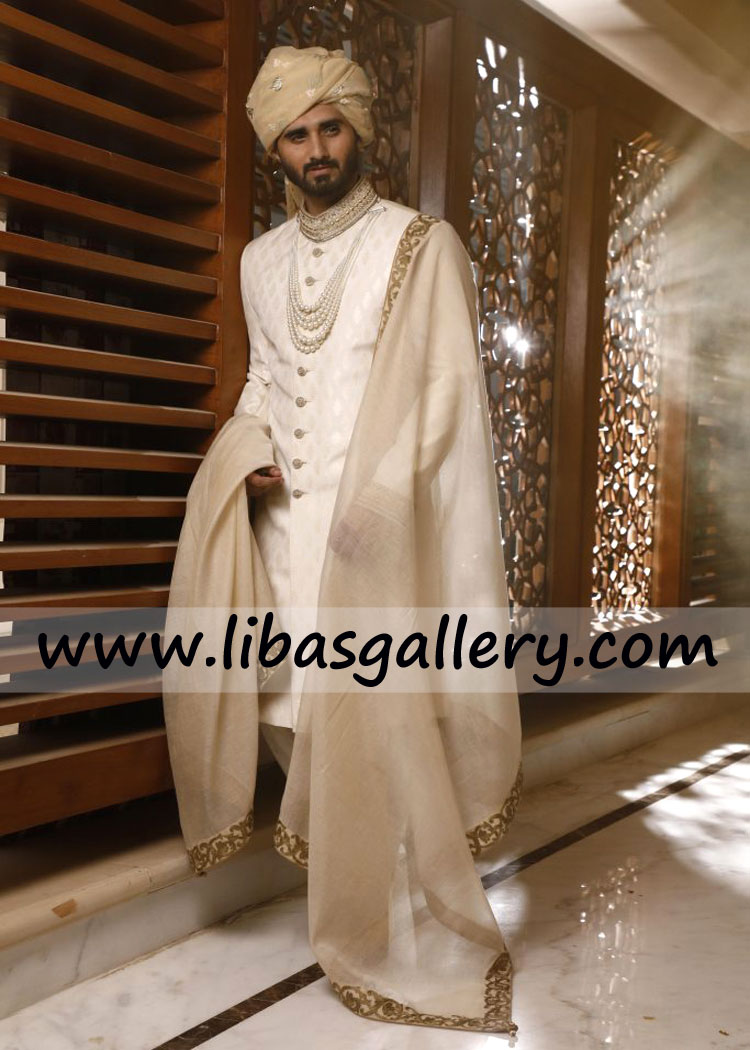 Jamawar banarsi sherwani with gold work on collar custom size stitching by professional expert tailor good fitting southhall glasgow london UK