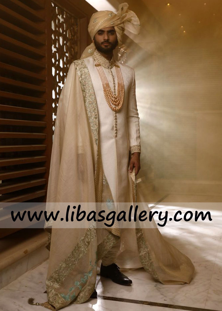 off white jamawar banarsi fabric wedding sherwani for barat nikah antique gold work cuff collar sugar land texas chicago USA