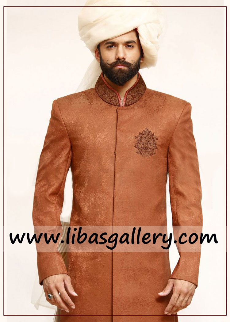 Traditional Jamawar Ethnic Wedding sherwani small bunch on pocket collar hand embellished Chandle Glendale USA