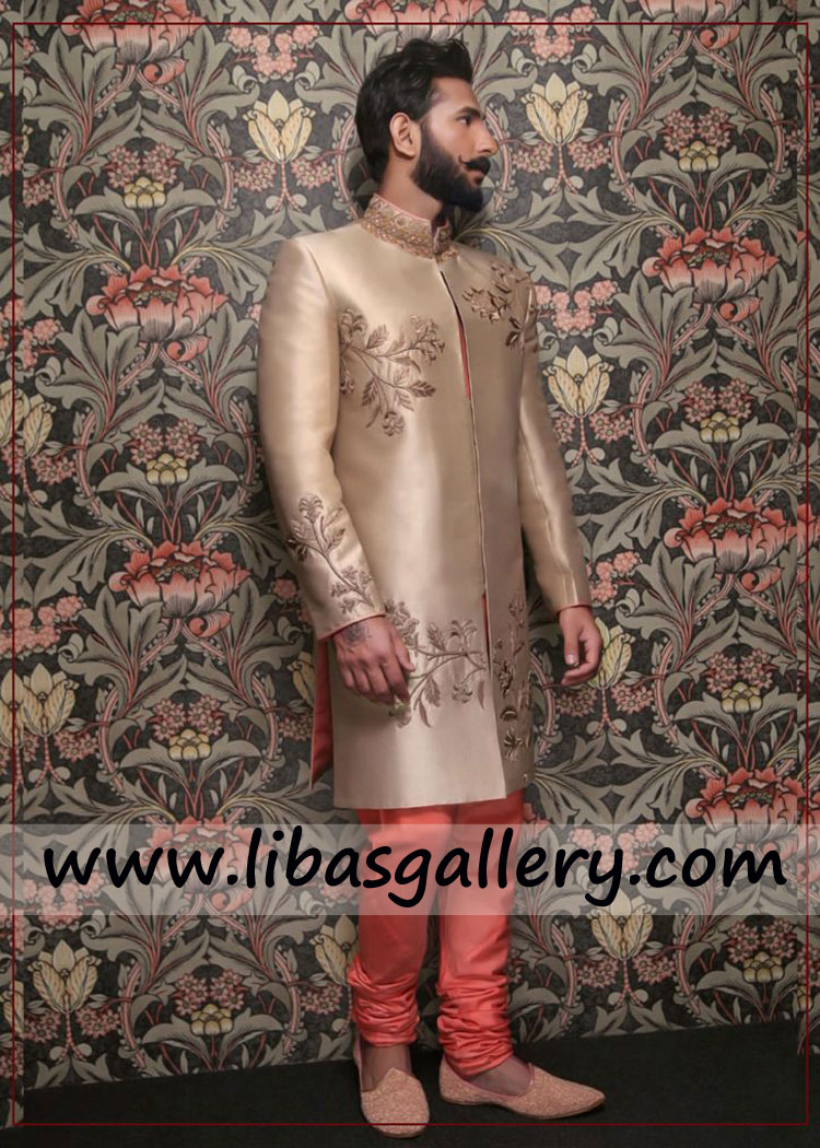 dull gold beautiful embellished wedding sherwani suit with orangish peach churidaar pajama southhall london birmingham UK