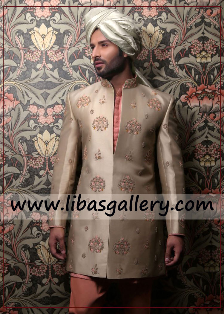 Dull gold designer sherwani all over front embellished