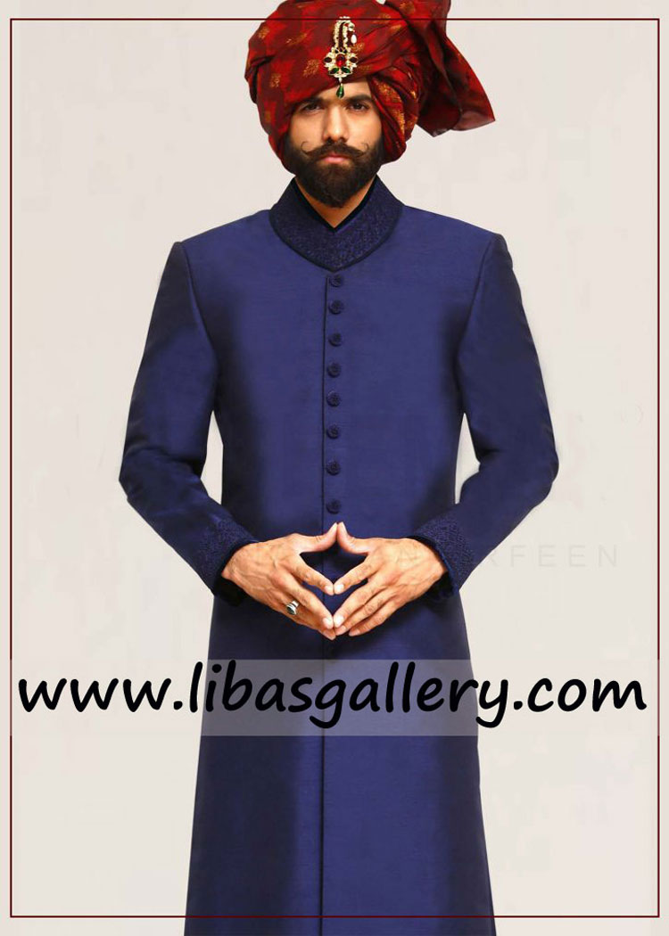 blue wedding sherwani long with matching embroidery on collar and cuff custom made achkan Dubai Sharjah UAE