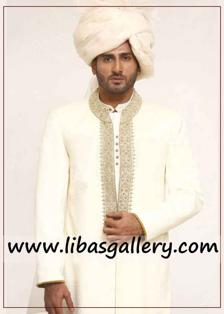 latest collar style light shade embellished wedding sherwani suitable for barat rukhsati event Oslo Bergen Norway