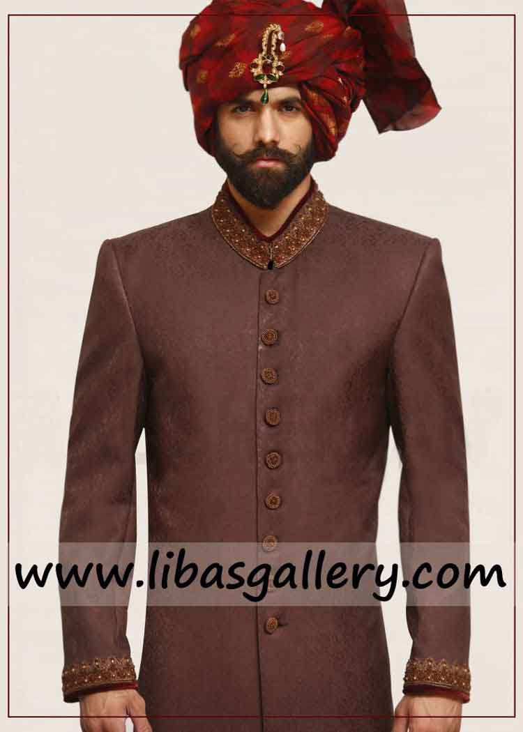 self made smart groom wearing antique work sherwani