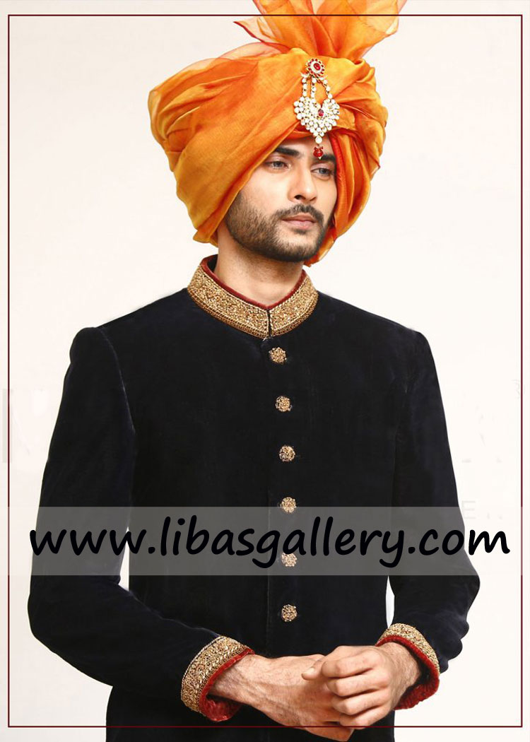 Groom Velvet Sherwani antique gold work collar cuff