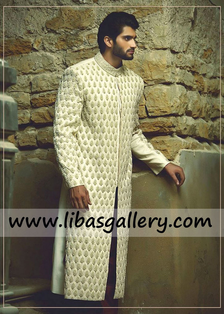 jamawar heavy embellished groom sherwani design light color custom made achkan San jose Phoenix USA