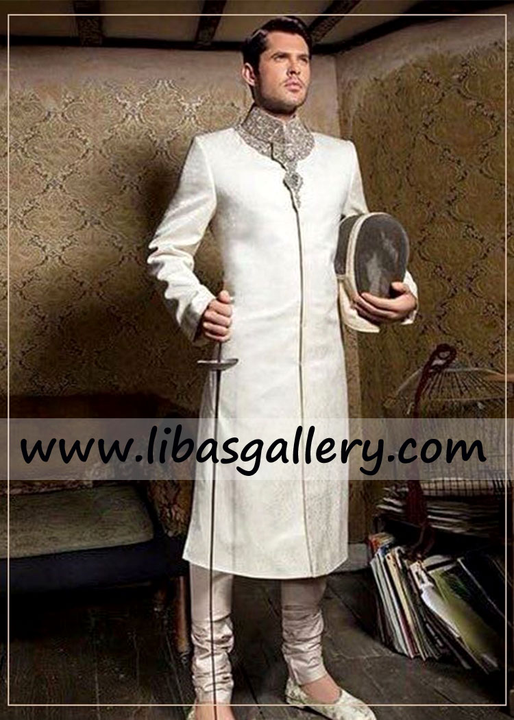 Bandhgala Style Jamawar Off white Groom Wedding jacket book your order online custom made sherwani Trinidad and Tobago Turkey