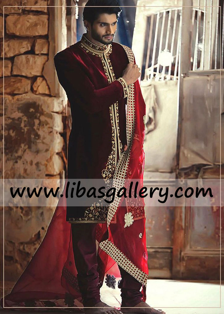 pure velvet dream wedding sherwani red maroon front embroidered for winter summer wedding season San Francisco Indianapolis USA