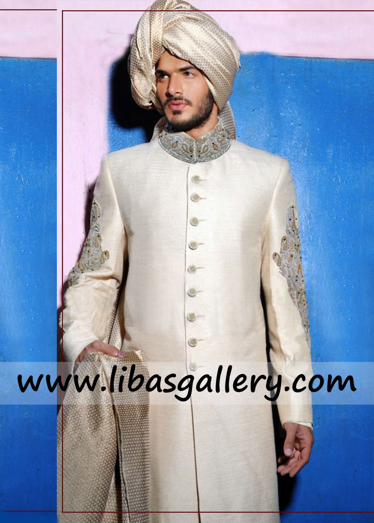 Hand Embellished Collar and sleeves groom sherwani design