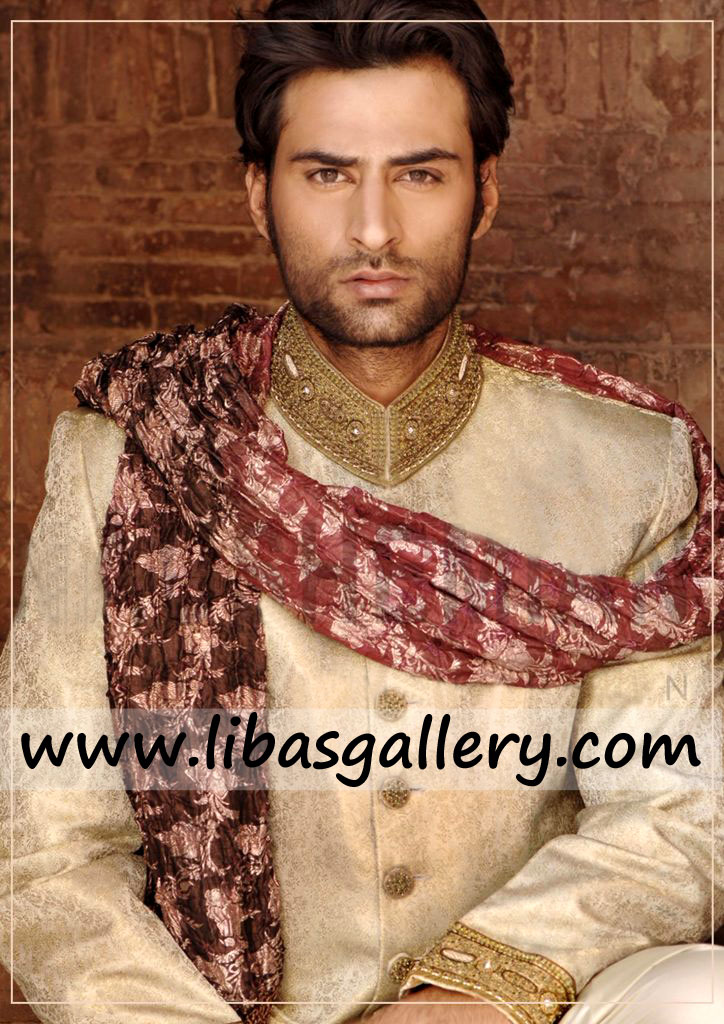 Jamawar groom sherwani suit gold and antique work on collar and cuff fancy buttons toronto london washington USA