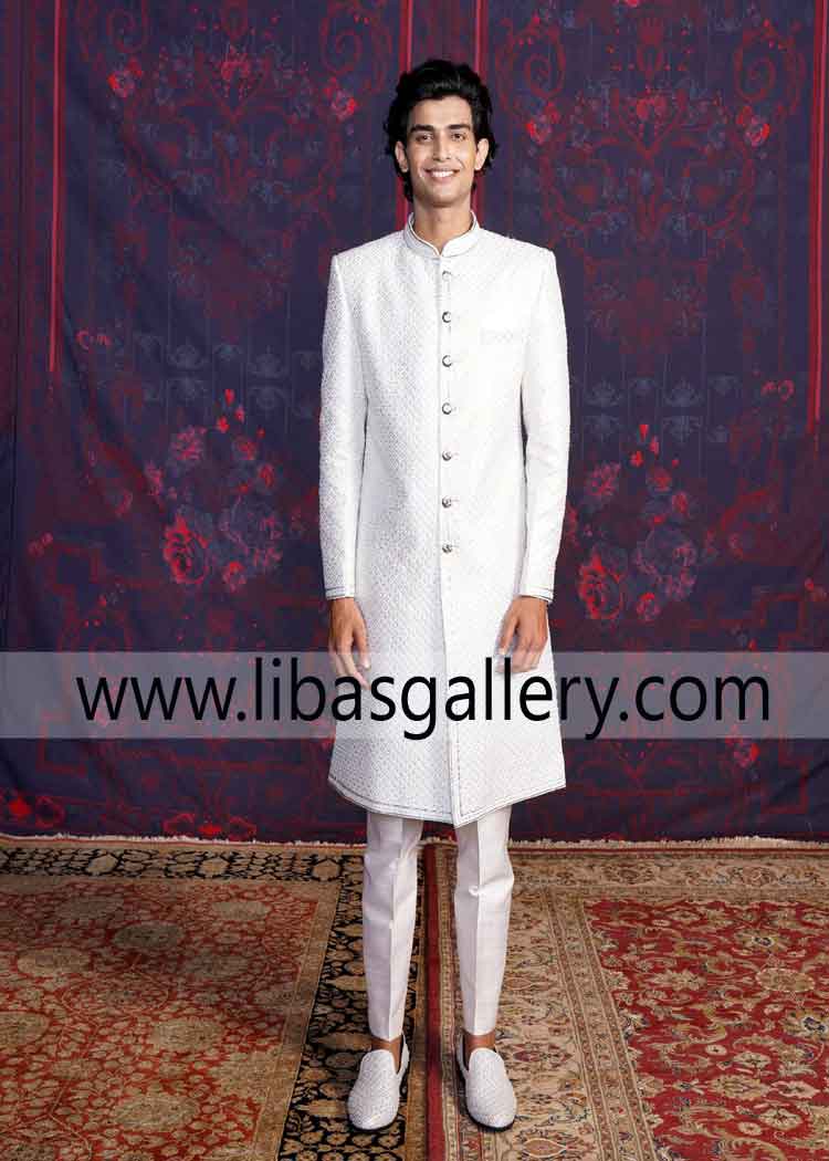 ivory martin embroidered sherwani for smiling mood groom with compliment pajama uk usa canada