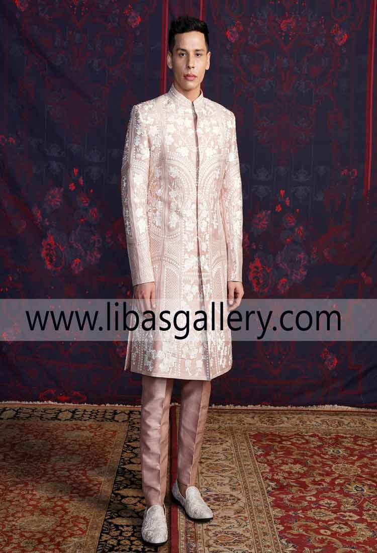 dusty pink embroidered wedding sherwani with pants for gents nikah and barat day uk usa canada