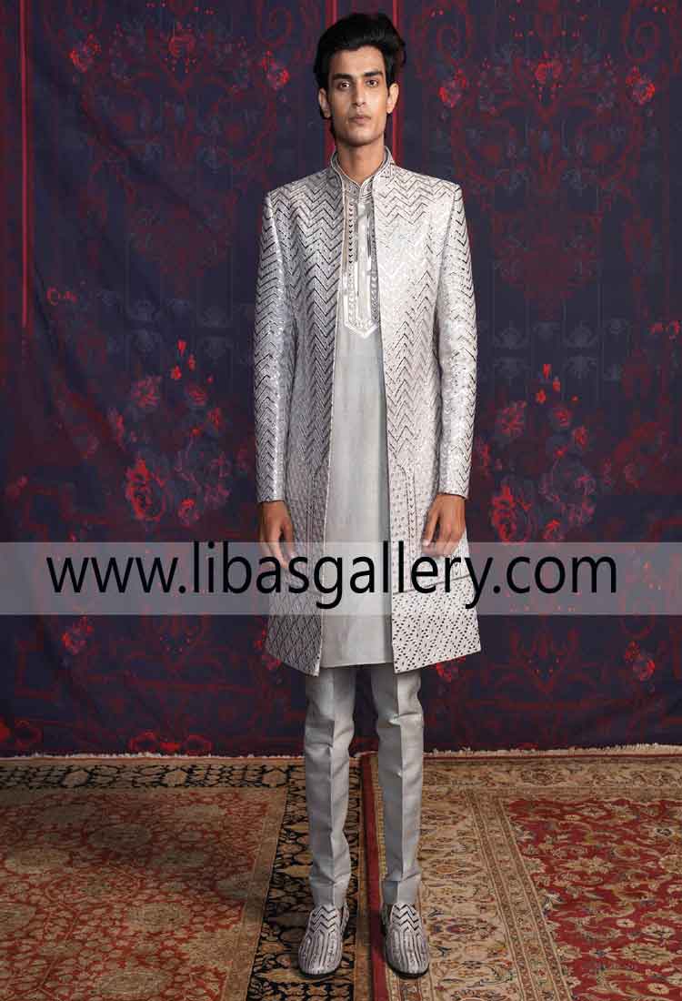Silver Embroidered handsome Groom Wedding Sherwani