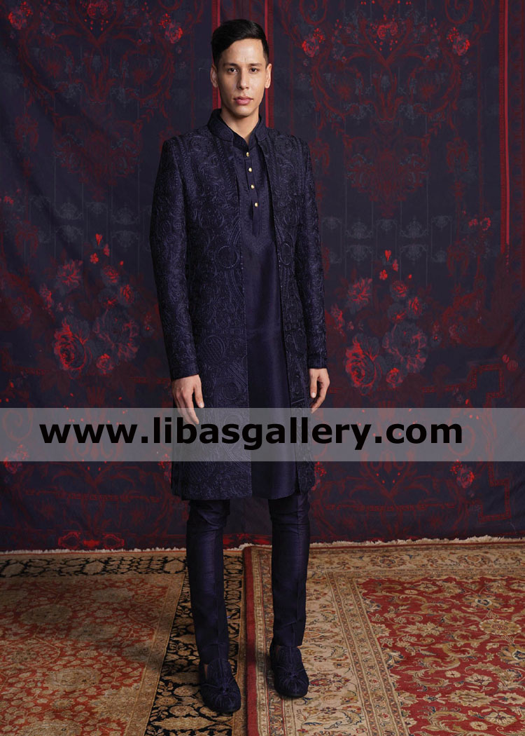 Navy blue Embroidered Dulha barat sherwani design