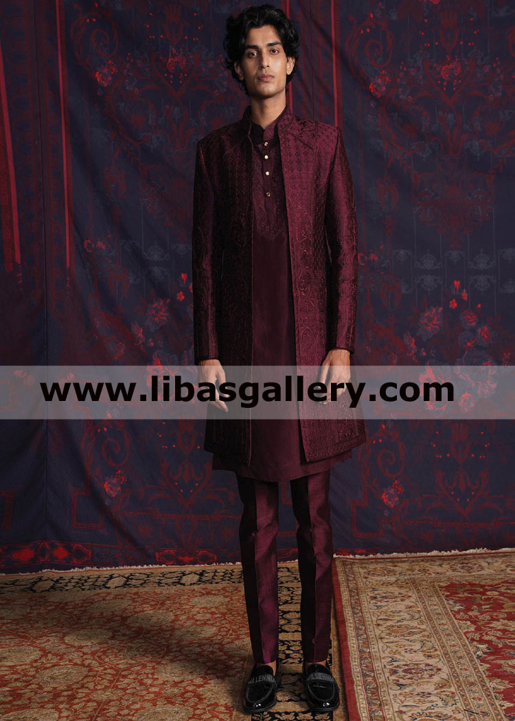 value groom nosha sherwani full embroidered in deep red color for nikah and barat day scotland netherland england