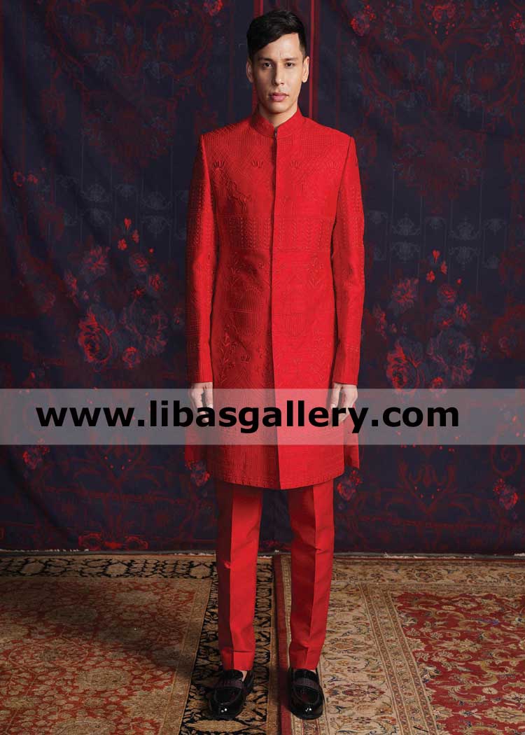 Slim fit red wedding sherwani for nikah barat place buy summer season groom sherwani set UAE United kingdom America