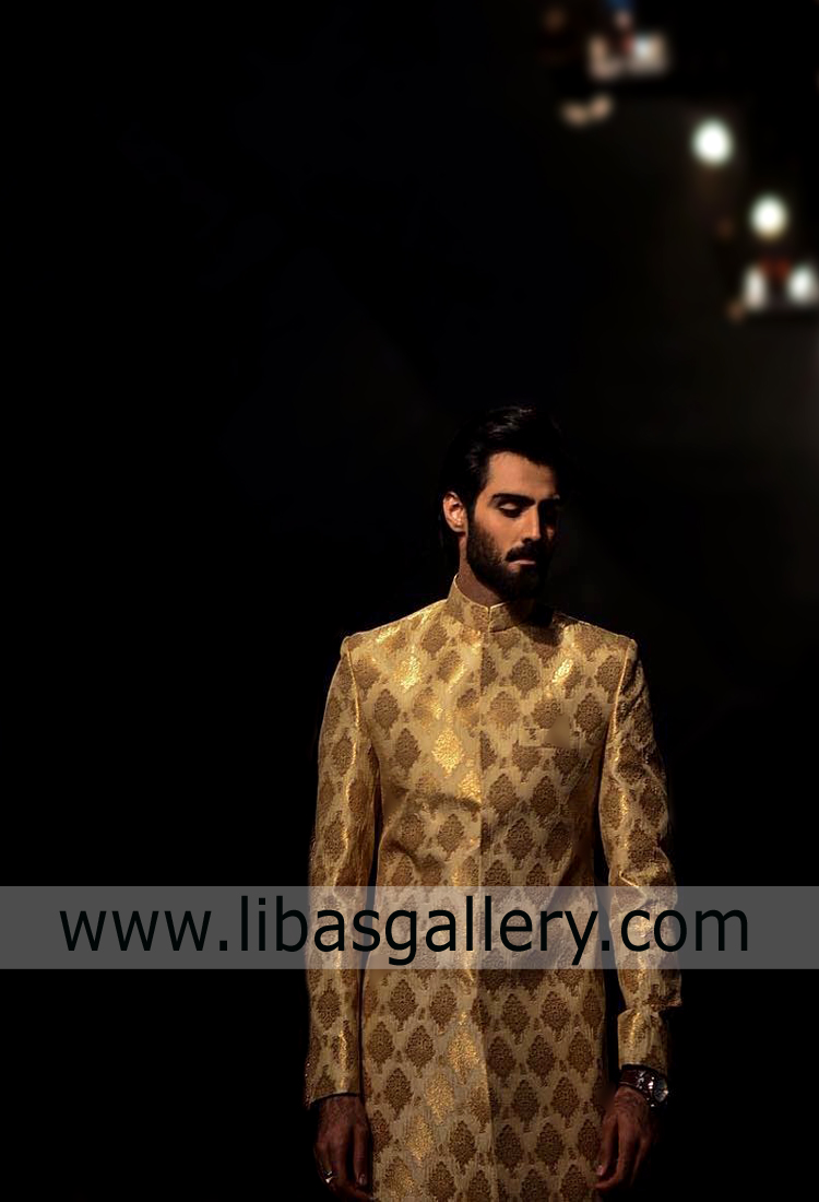 gold zari jamawar sherwani for man to organize home based event with low quantity of guests dubai trinidad and tobago