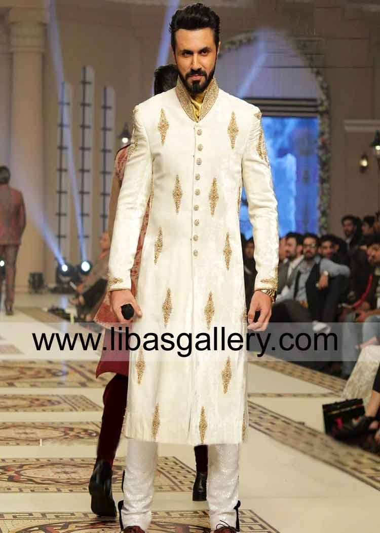 off white gold silver hand embellished wedding sherwani in raw silk pure fabric customization possible UK UAE South Africa