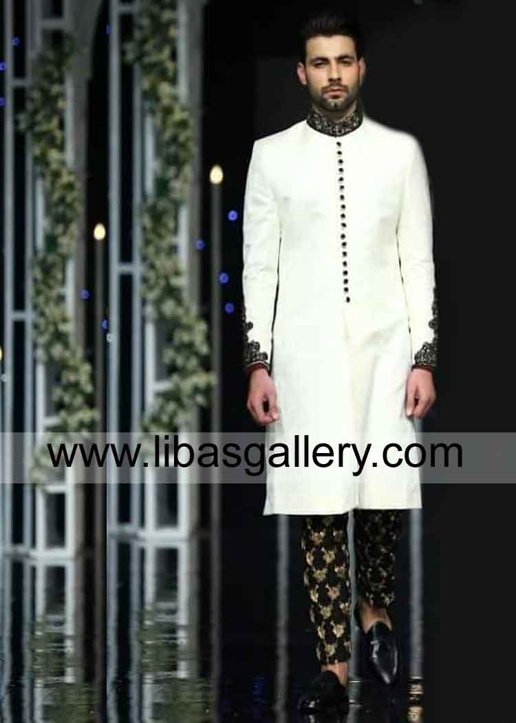 off white dulha nikah sherwani with 18 fancy buttons