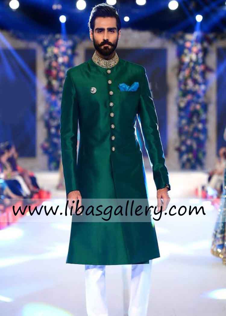 Green wedding sherwani design for religious groom