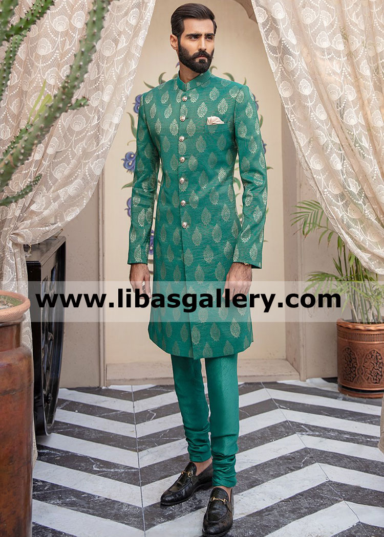 self embossed sea green slim fit sherwani featuring round golden buttons paired with similar hued straight fit trouser uk usa canada