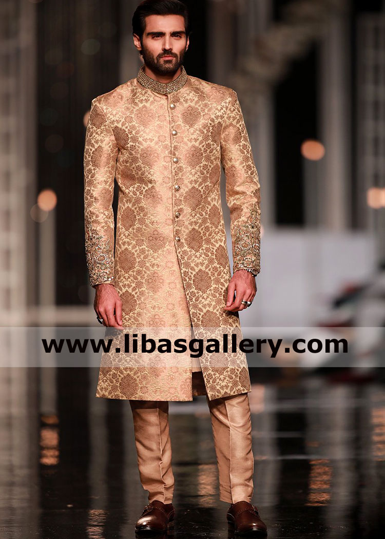 Gold Raw silk wedding sherwani hatim for Summer Season with Gold Tilla Embroidery fancy type by human newport norwich UK