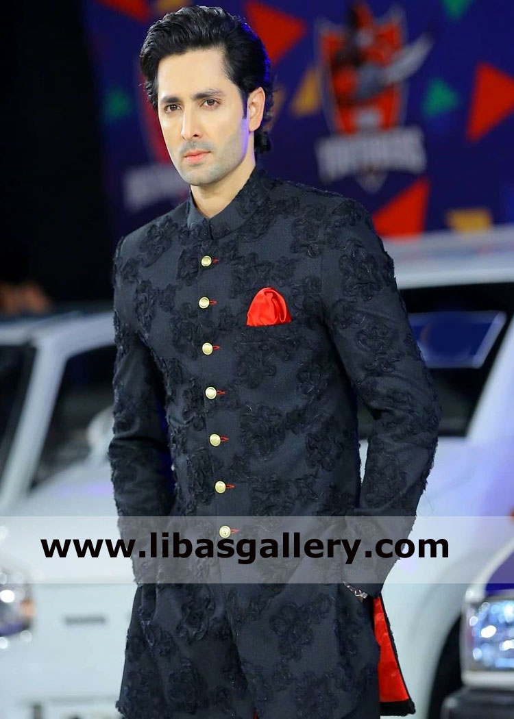 Black Embroidered sherwani with orange handkerchief in pocket