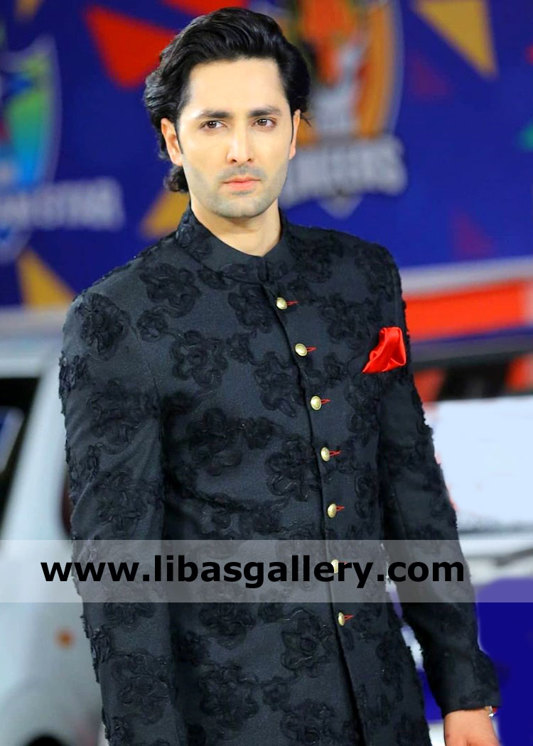 Black Embroidered sherwani with orange handkerchief in pocket