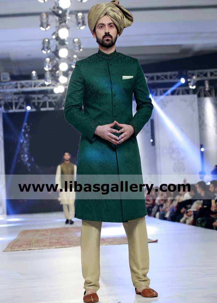 dark green jamawar wedding sherwani for gents nikah and barat session in pakistan and abroad uk usa canada