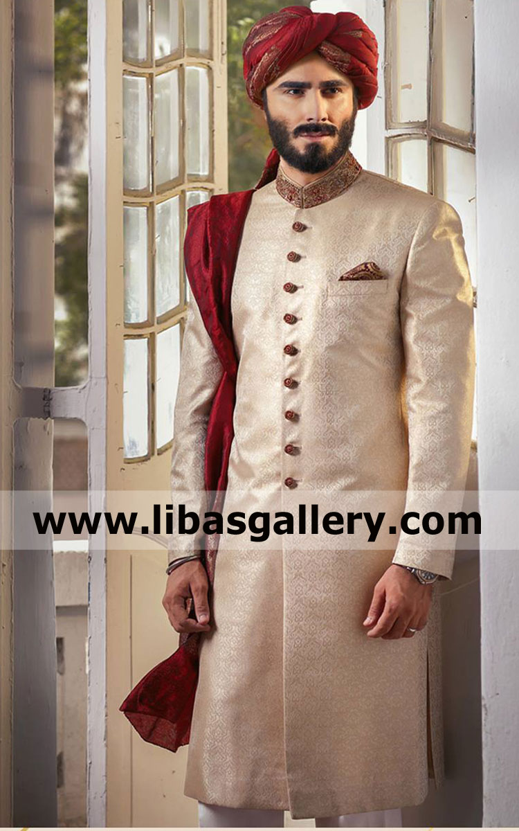 Premium Jamawar Wedding Sherwani Design For Groom Custom Made Achkan For Nikah Barat Event For 