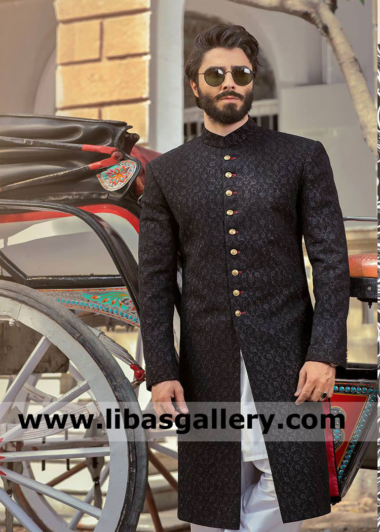 Black Embroidered Groom Wedding Sherwani Style