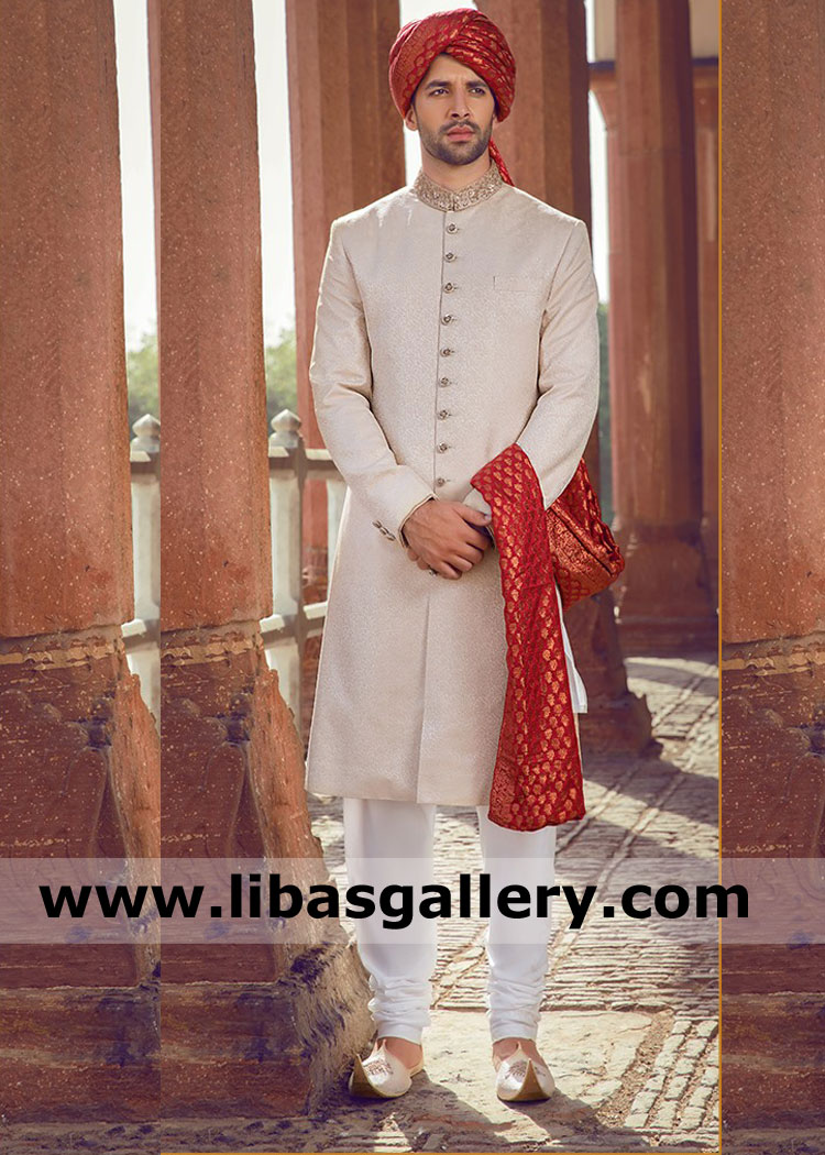 Opulent option Regal beige Jamawar wedding sherwani