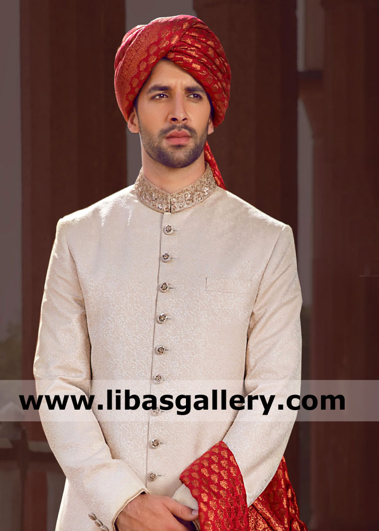 regal combination beige jamawar wedding sherwani for groom and red ...