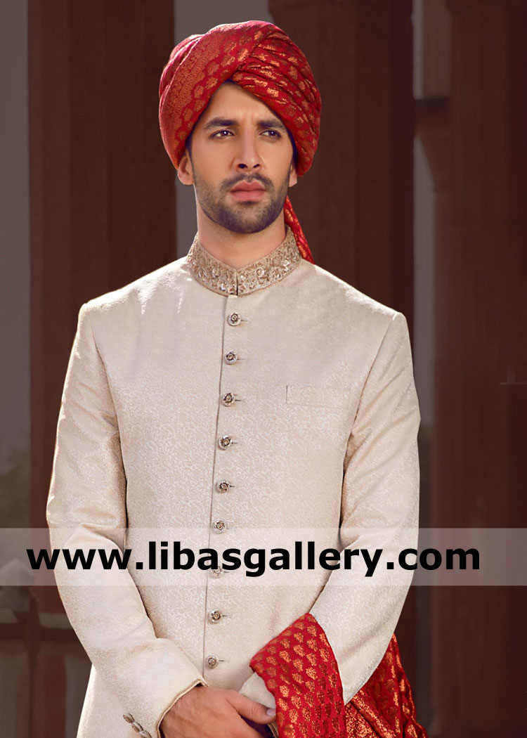 Opulent option Regal beige Jamawar wedding sherwani