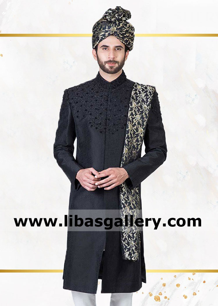 Majestic groom wedding sherwani in black jamawar 