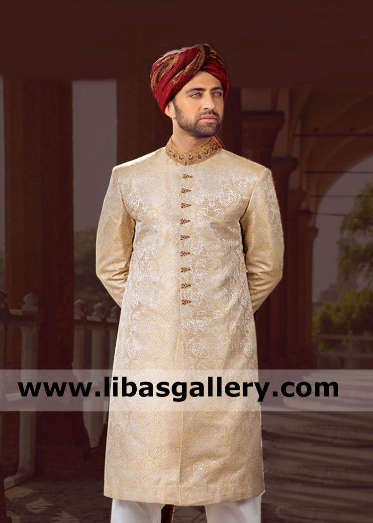 Jamawar banarsi wedding sherwani with gold and red hand embellishment on collar best for nikah barat day glasgow london uk